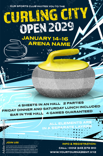 Curling tournament dynamic poster template with curling stone