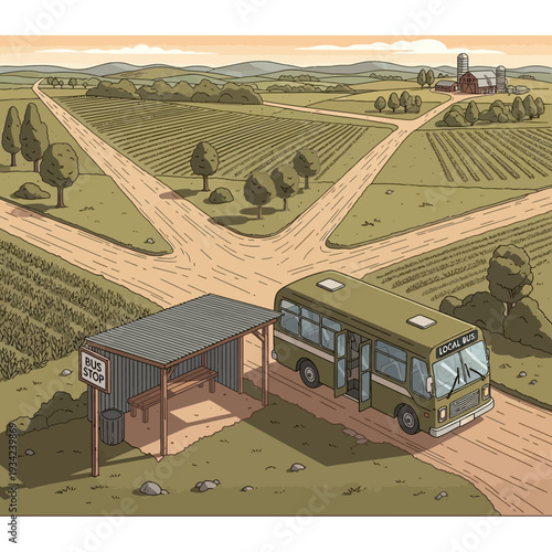 Rural bus stop with a green bus in a countryside landscape.