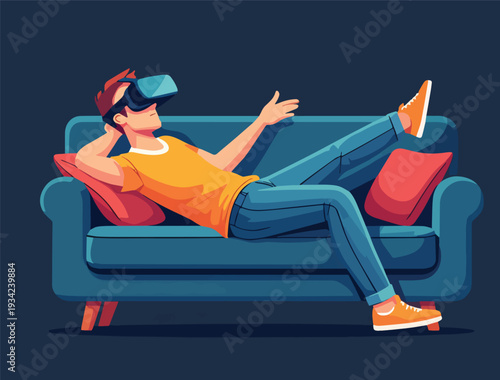 ragazzo con visore VR con vestiti multicolori, sdraiato sopra il divano di casa ufficio  vettoriale