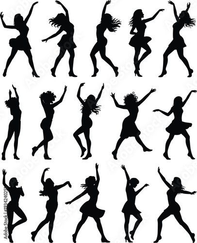Collection of fifteen black silhouettes of women dancers in diverse expressive poses arranged in rows, showcasing rhythm, choreography, and artistic movement for design and education