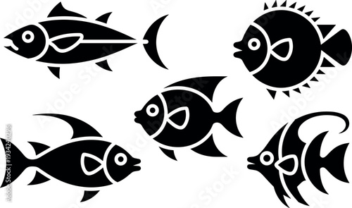 Five distinct fish species, illustrated as sleek black silhouettes, representing aquatic life with flat lighting on a white background.