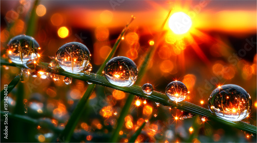 Captivating dew drops sparkle on grass blade reflecting vibrant sunrise glow, a magical morning scene