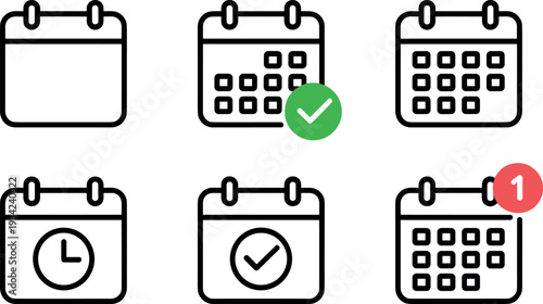 Black outline calendar icons depicting scheduling, tasks, events, and notifications on a white background, conveying time management.