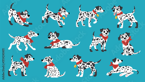 Cute dalmatian dogs vector set. Hand drawn flat spotted puppies in various poses with red bandanas and collars. Funny domestic pets characters set for stickers and other design. Cute pets collection.