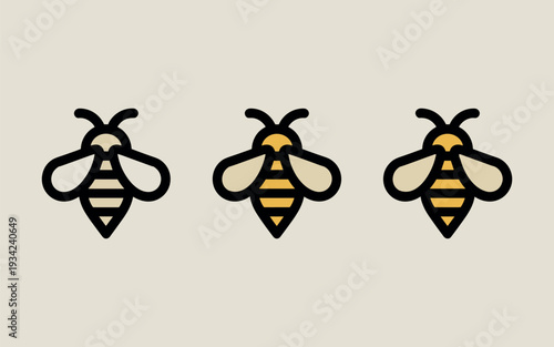 Three stylized bee icons are displayed horizontally, conveying a friendly minimalist design, evenly lit on a neutral background, symbolizing vital nature.