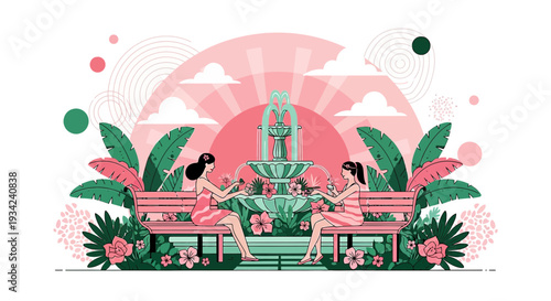 Two Women Relaxing by a Fountain in a Tropical Garden