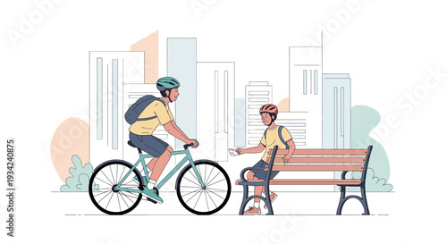 Urban Cycling Couple: Man on Bike Meets Woman on Bench in City Park