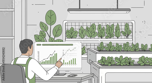 Urban Farming: Man Analyzing Growth Chart in Vertical Hydroponic Garden