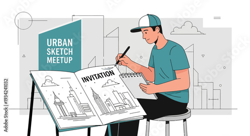 Urban Sketch Meetup: Artist Drawing Cityscape Invitation Design