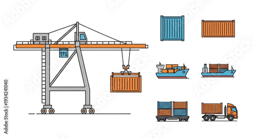 Industrial Port Crane Loading Shipping Container onto Cargo Ship and Truck.