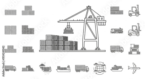 Industrial Port Crane Loading Shipping Containers onto Cargo Ship.