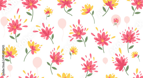Vibrant Floral Pattern with Balloons - Pink and Yellow Flowers, Celebration Background