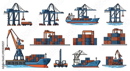 Industrial Port Cranes and Cargo Ships Loading Containers.