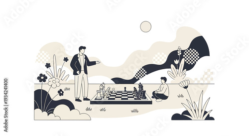 Two Men Playing Chess in a Stylized Outdoor Setting