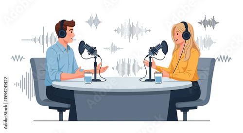 Two people podcasting interview with microphones and sound waves