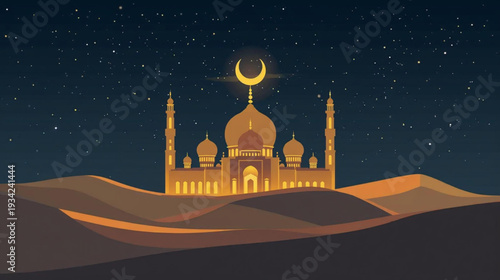 Vector illustration mosque rises from desert dunes under a starry night sky background