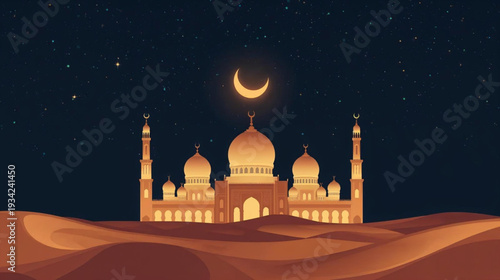 Vector illustration mosque rises from desert dunes under a starry night sky background