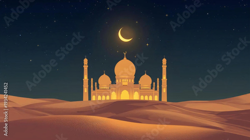 Vector illustration mosque rises from desert dunes under a starry night sky background