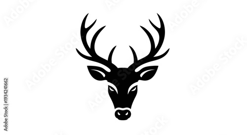 Majestic Deer Head Silhouette with Antlers on White Background.