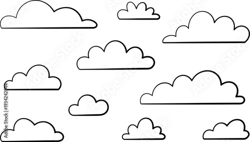 A charming collection of hand-drawn cloud outlines, playfully drifting across a clean, bright background, creating a lighthearted and dreamy atmosphere.