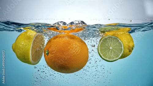 Citrus fruit splashing into water against a blue background