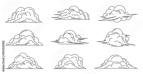 Collection of stylized line clouds, diverse shapes and sizes