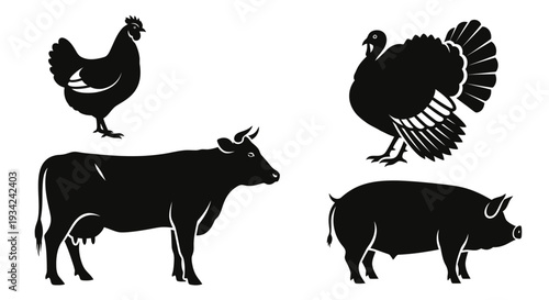 Farm Animals Silhouettes: Chicken, Cow, Turkey, and Pig Icons Set
