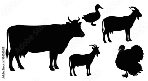 Farm Animals Silhouettes Collection: Cow, Duck, Goats, and Turkey Icons