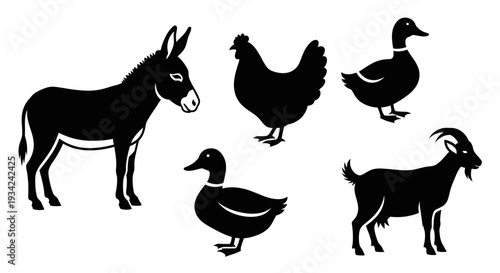 Farm Animals Silhouettes Collection: Donkey, Chicken, Ducks, and Goat Black Icons