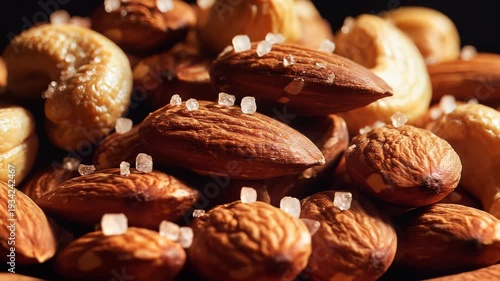 Close up of assorted nuts with salt crystals on dark surface