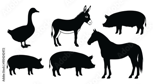 Farm Animals Silhouettes Collection: Goose, Donkey, Pigs, and Horse Vector Set