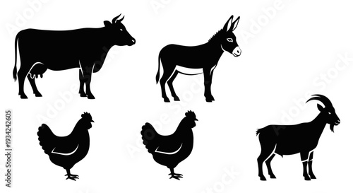 Farm Animals Silhouettes Set - Cow, Donkey, Chicken, and Goat Livestock Collection