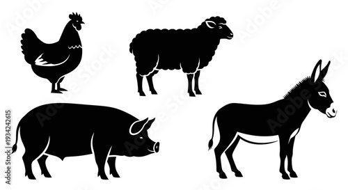 Farm Animals Silhouettes Set: Chicken, Sheep, Pig, and Donkey Icons