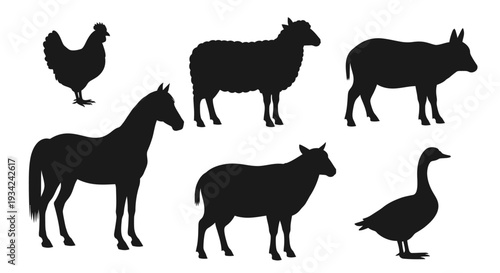 Farm Animals Silhouettes Set: Chicken, Sheep, Horse, Cow, and Goose Livestock Icons