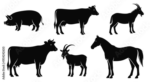Farm Animals Silhouettes: Pig, Cow, Goat, and Horse Livestock Vector Set
