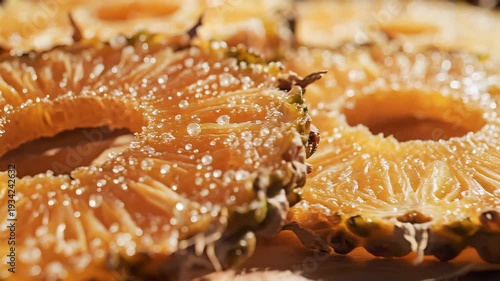 Close up of golden pineapple slices with granulated sugar topping