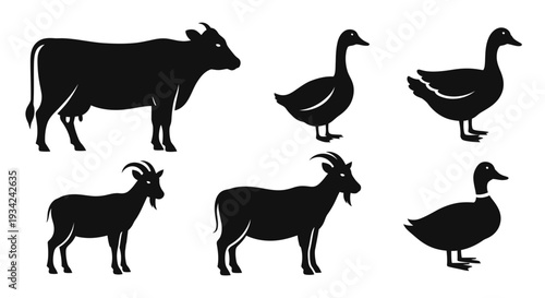 Farm Animals Silhouettes Set: Cow, Goats, and Ducks Icons for Livestock and Agriculture Design