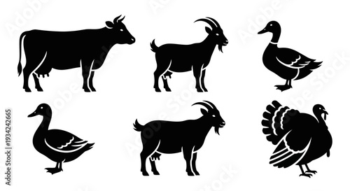 Farm Animals Silhouettes Set: Cow, Goats, Ducks, and Turkey Icons