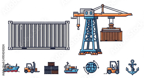 Industrial Shipping Crane Lifting Container with Cargo Ships and Forklifts.