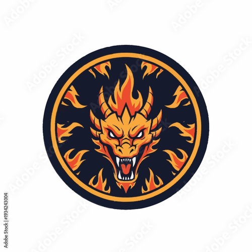 Wallpaper Mural Fierce Dragon Head with Fiery Mane in Circular Emblem. Torontodigital.ca