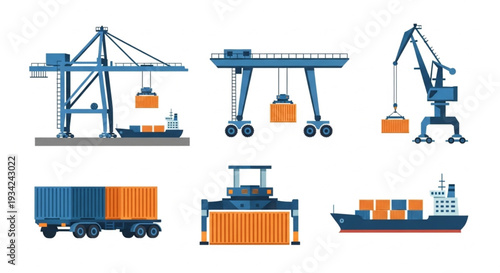 Industrial Shipping Cranes and Containers Vector Illustration.