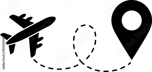 A black airplane icon flies a dashed path to a location pin, evoking travel excitement, brightly presented on a clean white background.