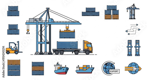 Industrial Shipping Port Crane Loading Cargo Container onto Truck.