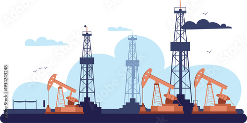 Industrial oil field landscape vector illustration with drilling rig towers and pump jack machinery for energy production