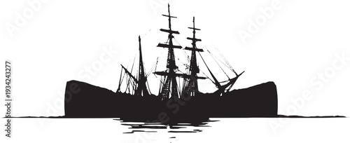 Vector silhouette of a sailing ship on water