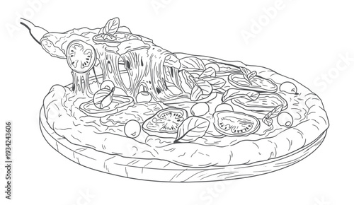 Whole pizza vintage monochrome Illustration of pizza on white background. Design element for poster, banner, t shirt, emblem.