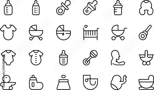 Minimalist vector icons illustrating essential baby care items and infant accessories, conveying a gentle, nurturing emotion for modern digital projects.