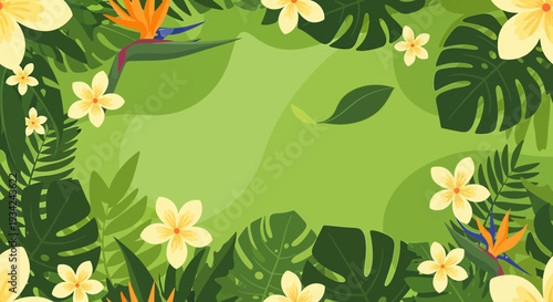 Tropical Jungle Frame with Exotic Flowers and Leaves, Green Nature Background