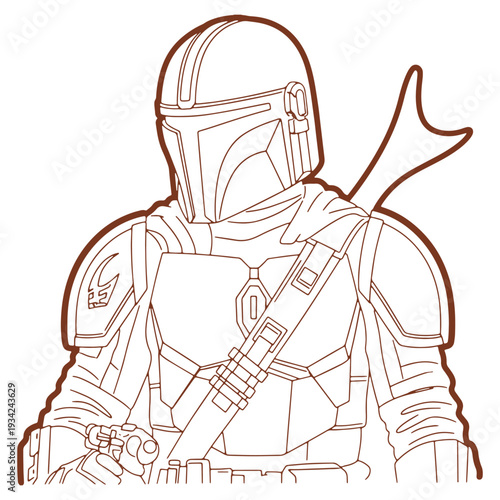 Line art illustration of a futuristic armored warrior holding a blaster weapon ready for battle and adventure
