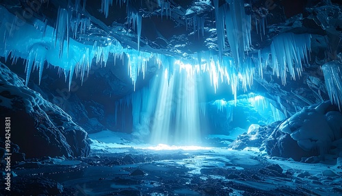 Frozen Waterfall Cascading into Icy Cave with Icicles Hanging from the Rocky Ceiling